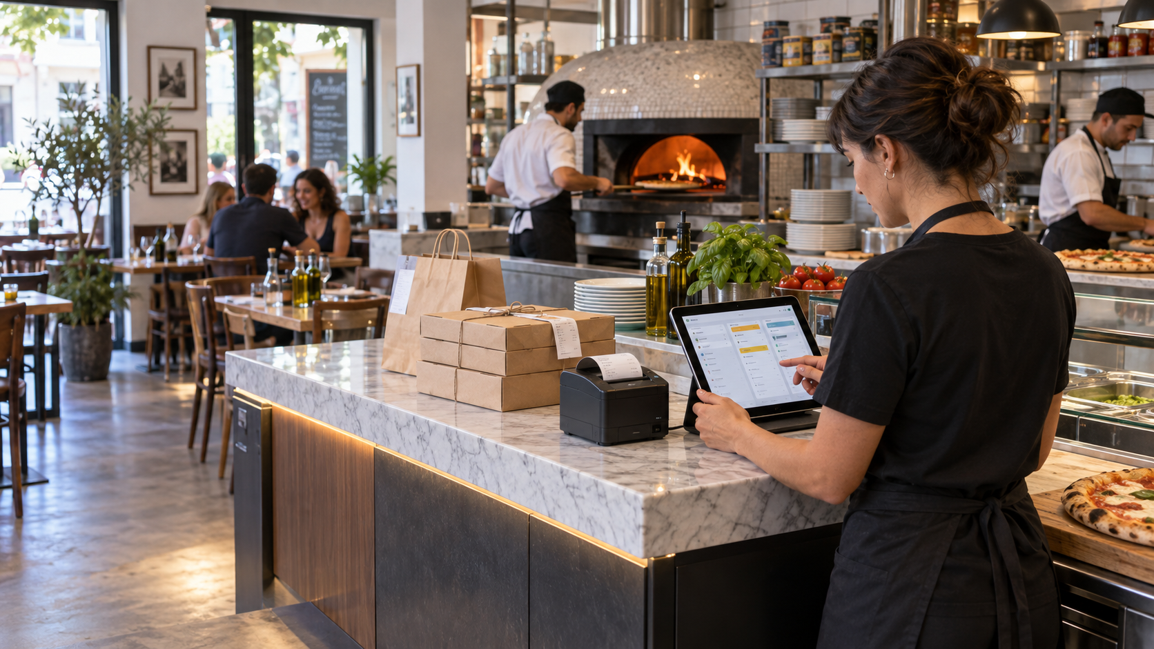 Gestore e cucina organizzano gli ordini del locale