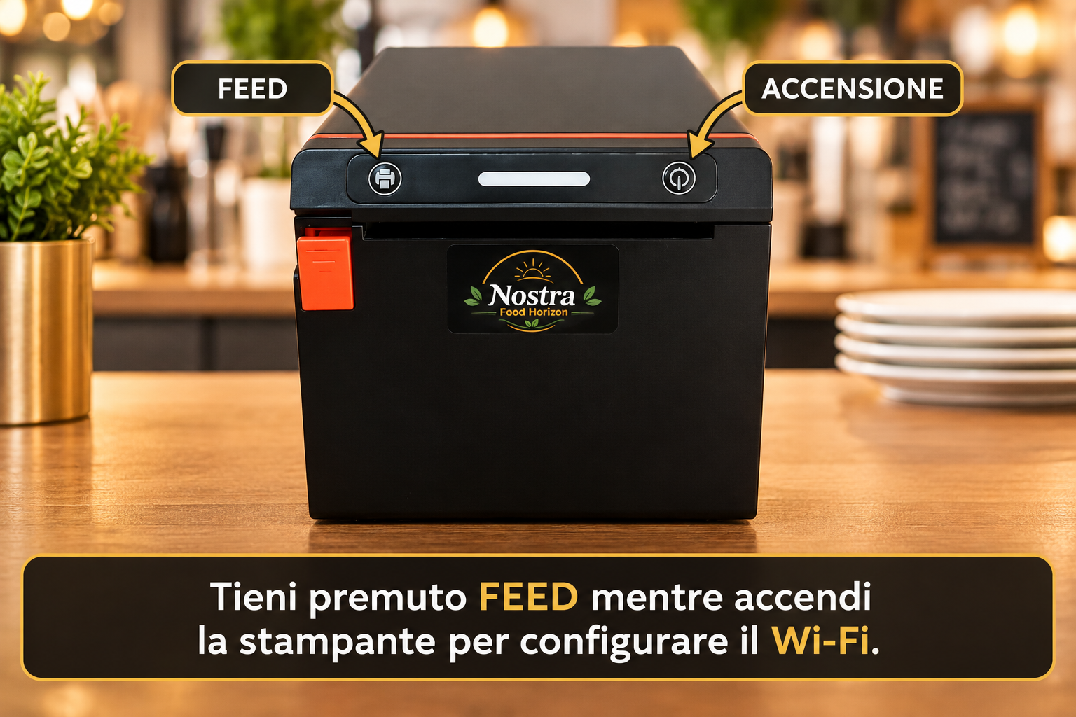 Tasti FEED e ACCENSIONE della stampante HS-KH80